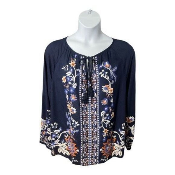 Chico's Navy Blue Floral Print Pullover Tassel Top Peasant Blouse Size 3 (XL,16) - Picture 2 of 12